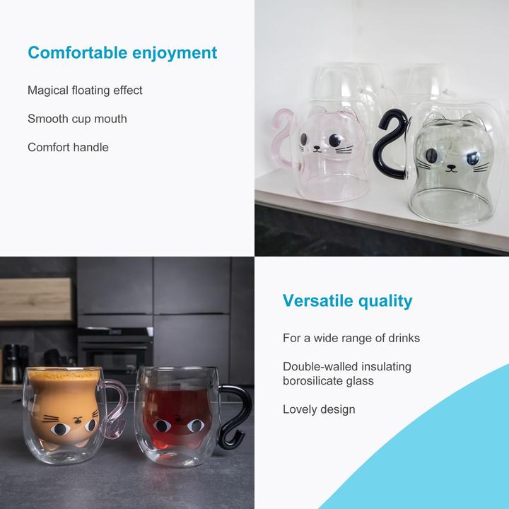Produktbild Intirilife Doppelwandiges Thermo Glas Set Design Katze (200 ml, 4 x)