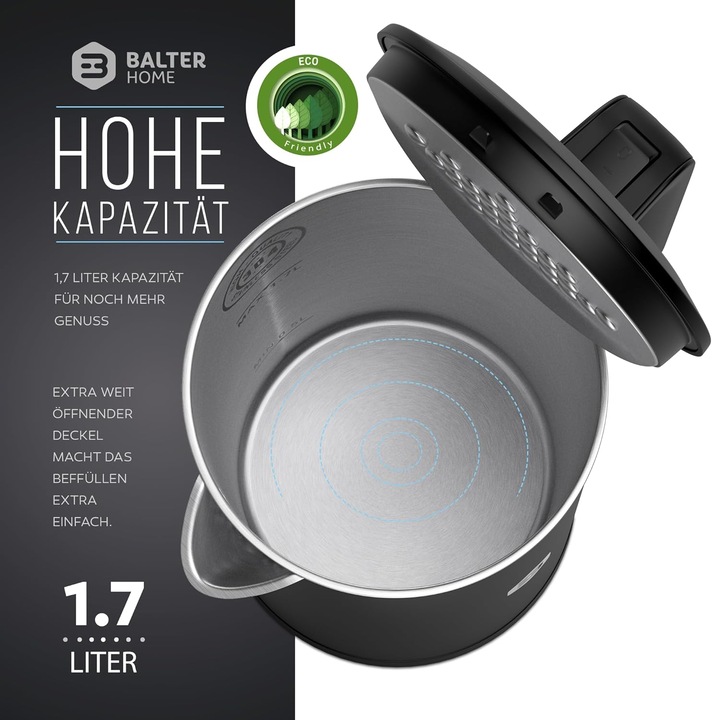Produktbild Balter Wasserkocher 1,7 L, Edelstahl, 2200 W – kabellos, Kalkfilter, Cool-Touch-Griff, Schwarz (1.70 l)