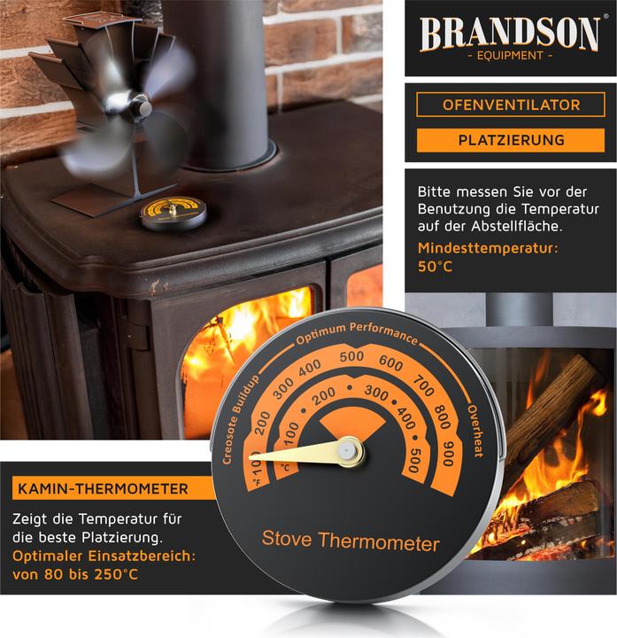 Produktbild Brandson Kaminventilator mit Thermometer für Holzöfen, 4 Flügel Rotorblatt 180mm Ø, Ofenventilator ohne Strom