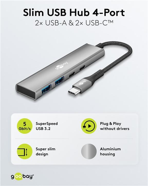 Actual product image Goobay Slim 4-Port USB-Hub, USB-C auf USB-C/USB-A, 5 Gbit/s (USB-C, 4 Ports)