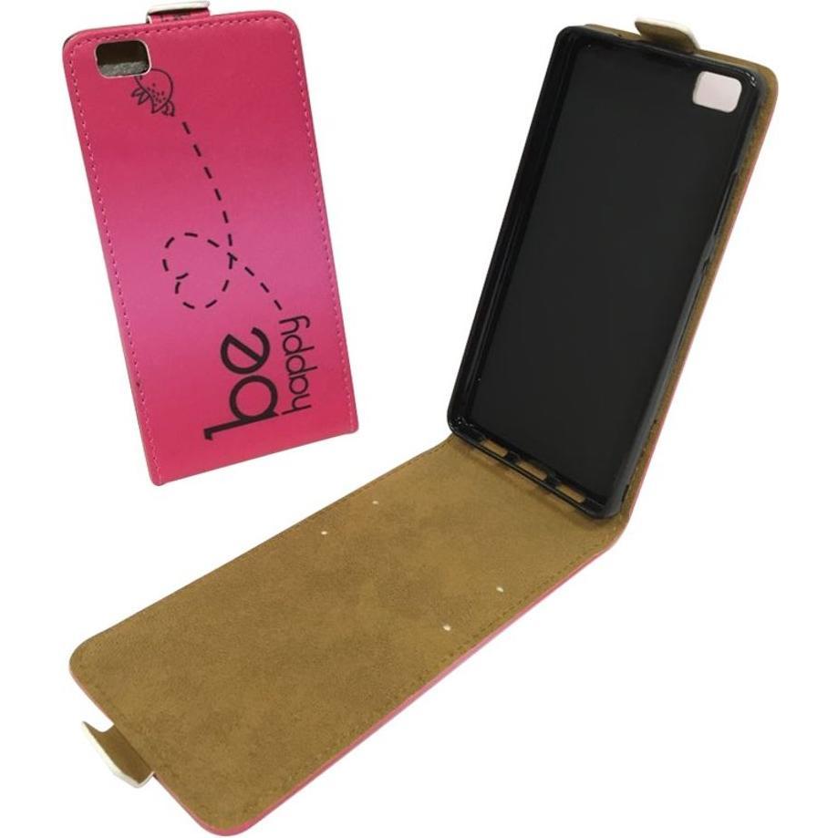 Thumbnail - König Design Huawei P8 Lite Handy Tasche Flip Case Schutz Hülle Etui Wallet Be Happy Pink Neu (Huawei P8 Lite), Smartpho...