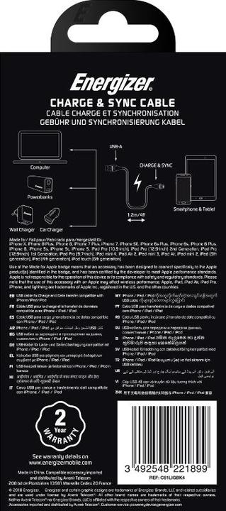 Valeurs nutritives et ingrédients Energizer Câble classique lightning bicolore 1.2m noir (1.20 m, USB 3.2 Gen 1)