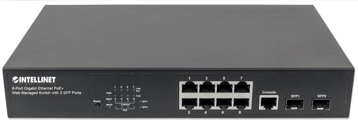 Actual product image Intellinet 8Port Gigabit Ethernet WebManaged PoE Switch SFPPorts Endspan Desktop 19 Rackmount (8 Ports)