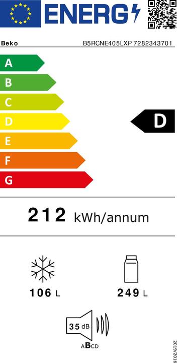 Energie-Label Beko B5RCNE405LXP Kühlschrank mit Gefrierfach Freie Aufstellung 355 L T Edelstahl (355 l)