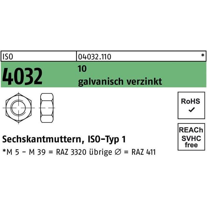 Bufab, Muttern + Unterlegscheiben, Sechskantmutter ISO 4032 M 6 10 galvanisch verzinkt (M6)