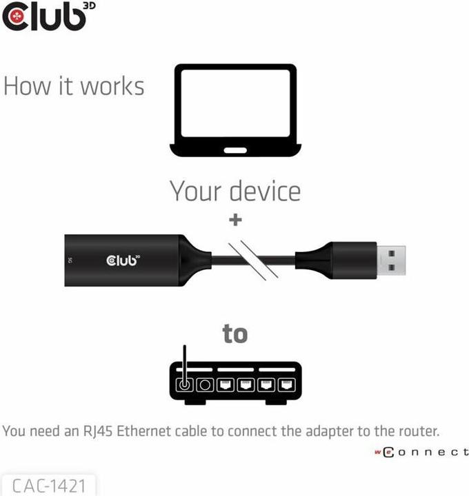 Immagine prodotto Club 3D USB-A to RJ45 5Gbps Ethernet adapter (USB, RJ45 (1x))