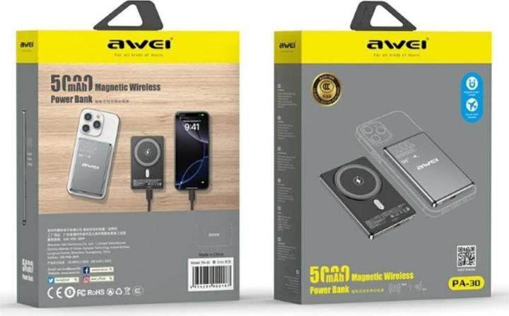 Actual product image Awei Induction powerbank PA-30 5000mAh MagSafe grey (5000 mAh, 15 W)