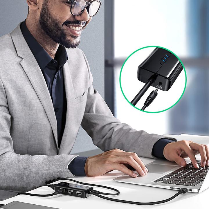 Produktbild Ugreen USB 2.0 Hub RJ45 Ethernet Adapter 3+1 Port USB 2.0-Hub Schwarz (USB-A, 3 Ports)