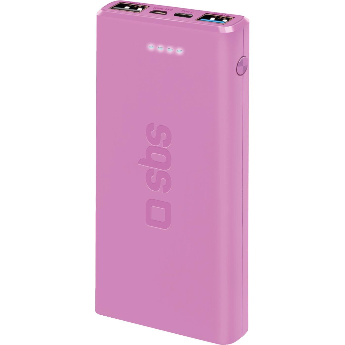 SBS fast charge mit 10.000 mAh und 2 USB (10000 mAh, 37 Wh), Powerbank, Pink