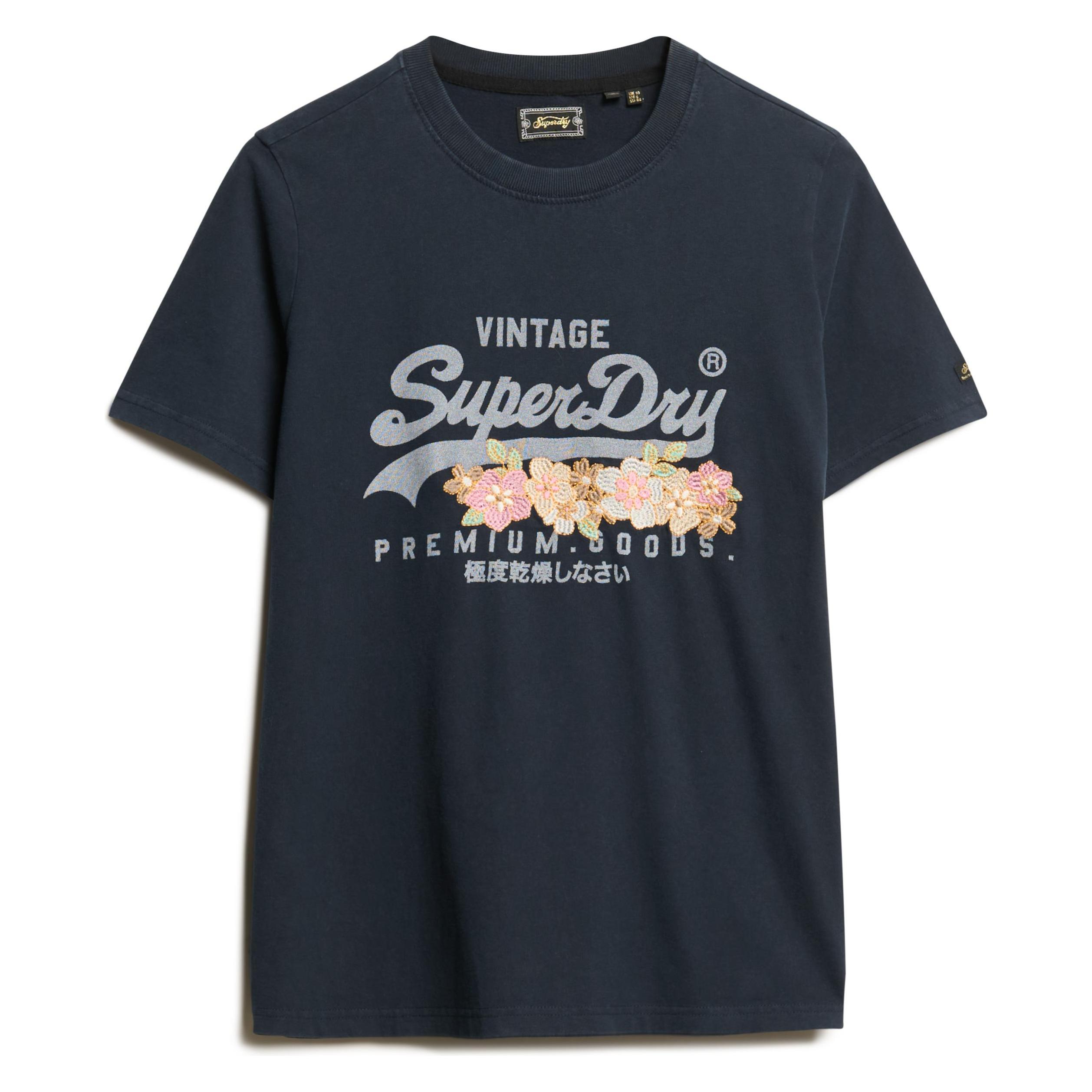Superdry, Damen, Shirts, Vintage Logo Premium Goods T-Shirt Mit Blumendesign, Blau, (10XL)