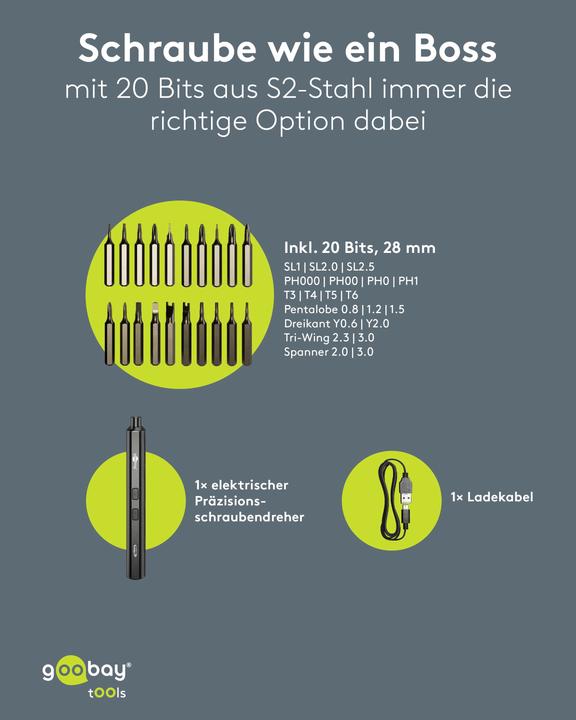 Actual product image Goobay Elektrischer Schraubendreher mit 20-tlg. Präzisions-Bitsatz (Hexagon socket round, Phillipps cross recess (PH), Tri-wing)