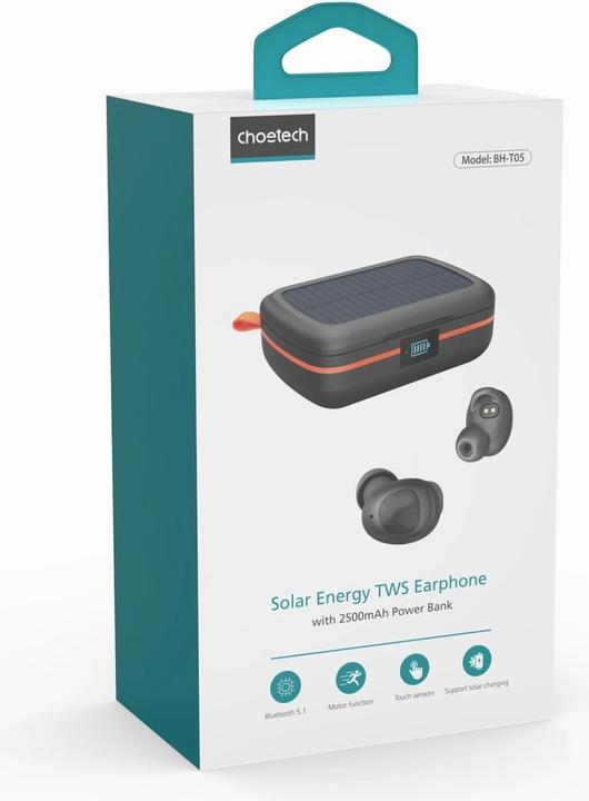 Actual product image Choetech TWS Bluetooth Headphones SOLAR incl. 2500mAh Powerbank -Black (8 h, Wireless)