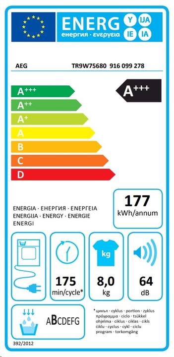 Energie-Label AEG Öko Lavatherm TR9W75680 (8 kg, Rechts)