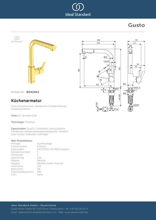 Produktbild Ideal Standard Gusto Ausladung 235mm L-Auslauf 2F-Brause