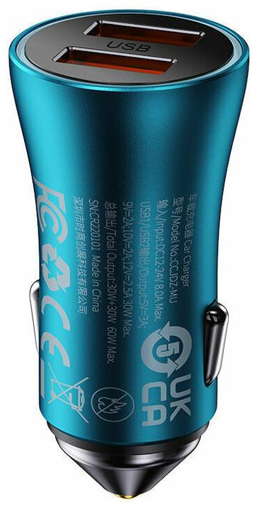 Produktbild Baseus Golden Contactor Max car charger, 2x USB, 60W (blue)