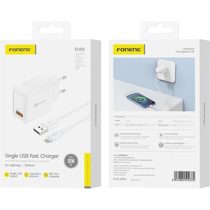 Thumbnail - Foneng EU54 USB-A, 3A mains charger (White) + USB-A to Lightning cable (18 W), USB Ladegerät, Weiss