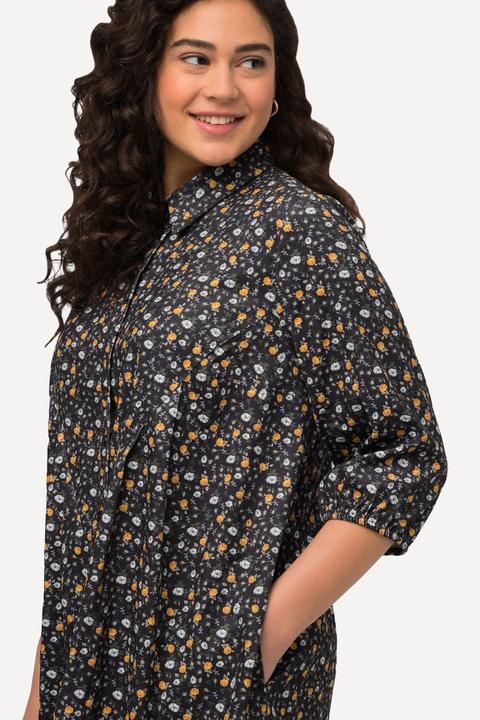 Immagine prodotto Ulla Popken Abito in velluto a coste dal taglio svasato con fiori, collo da camicia e maniche a 3/4 (50, 52)