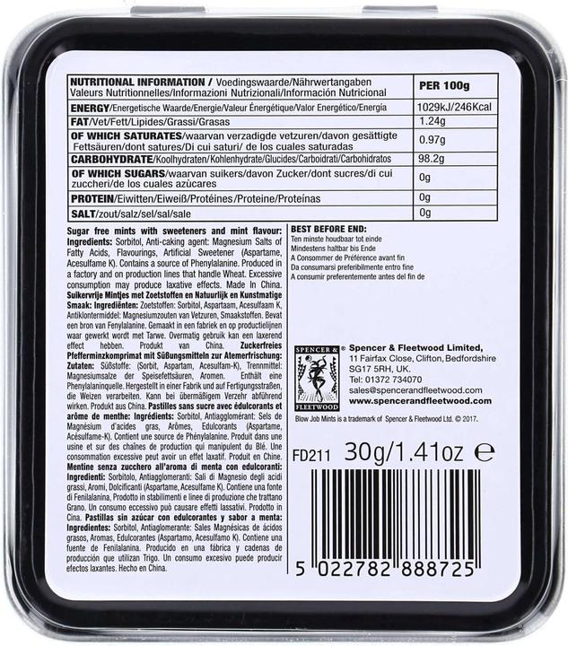 Valeurs nutritives et ingrédients Spencer & Fleetwood Fellation Mints (1 pcs, 30 g)