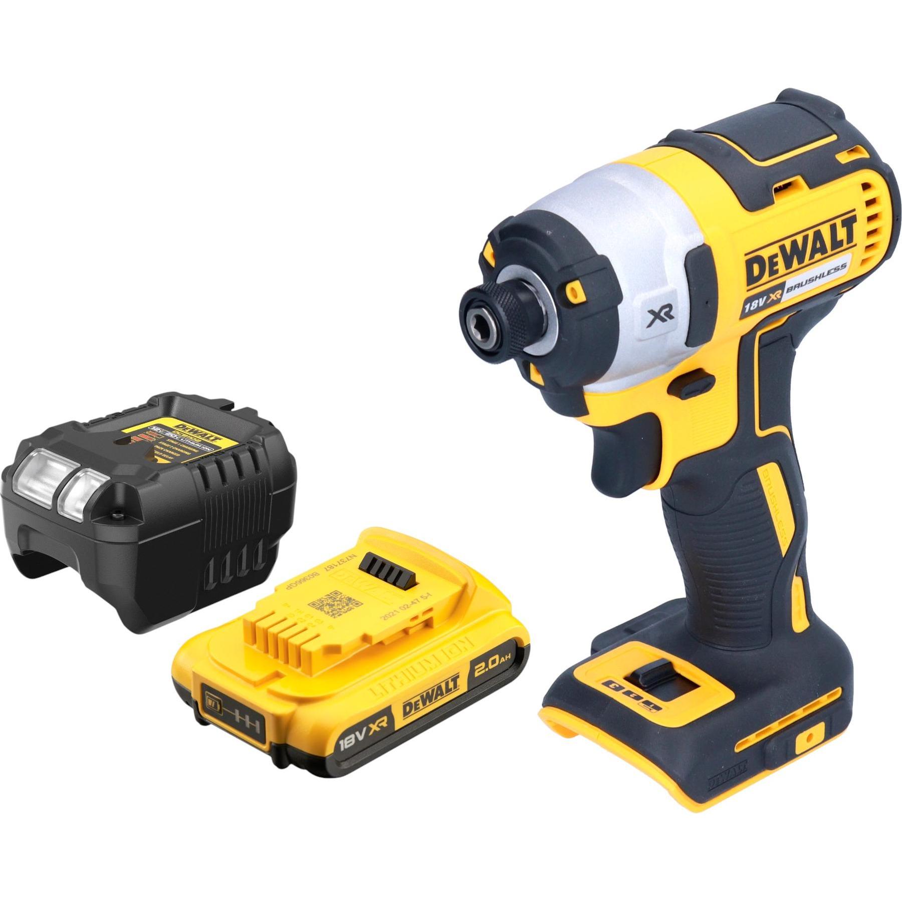 DeWalt, Bohrmaschine + Akkuschrauber, DCF 887 D1 Akku Schlagschrauber 18 V 205 Nm 1/4" Brushless + 1x Akku 2,0 Ah + Lade...