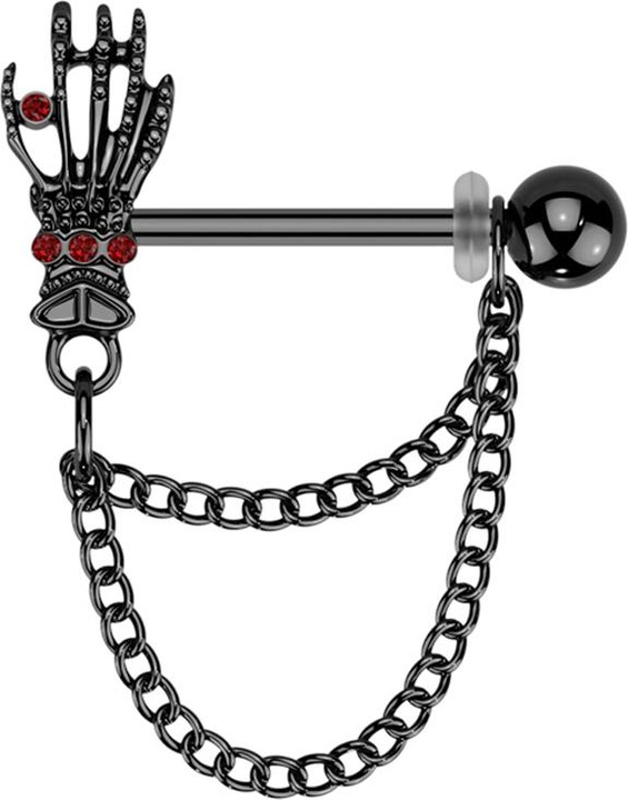 Produktbild Star Piercing Barbell schwarz mit Kugel und Skeletthand Kristalle rot Anhänger zwei Ketten links (Chirurgenstahl 316L, Messing)