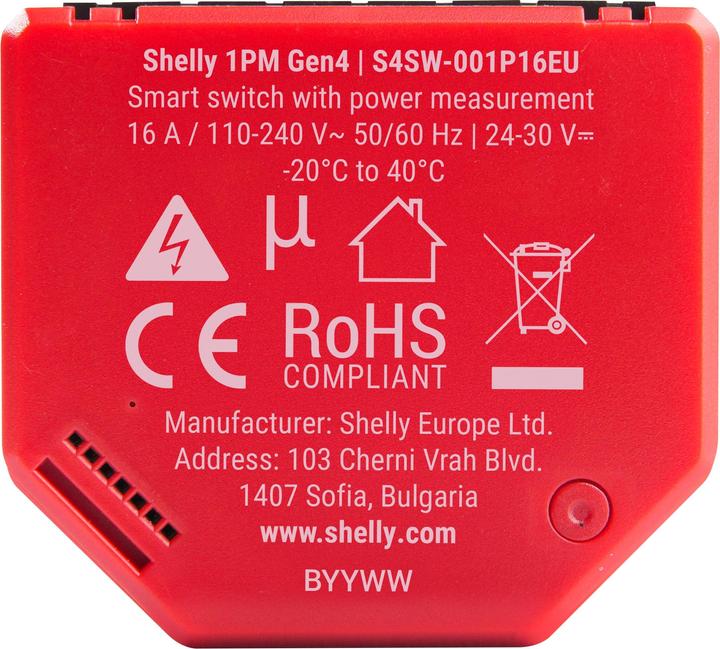Produktbild Shelly Relais 1PM Gen4, 16 A, WLAN, Bluetooth, rot, 4 Stück