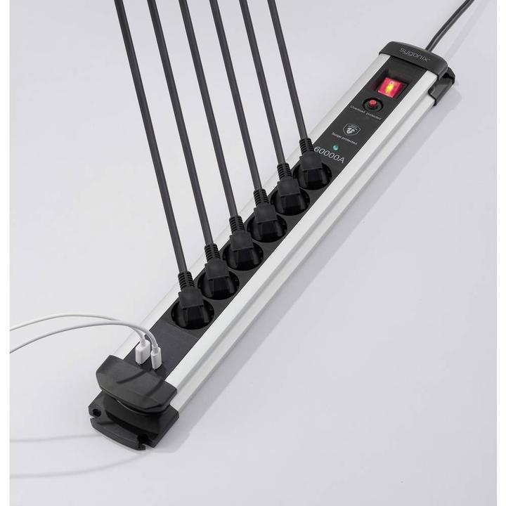 Actual product image Sygonix SY-6805674 Überspannungsschutz-Steckdosenleiste 6fach Schwarz, Silver Sc (6x, CEE 7/3)