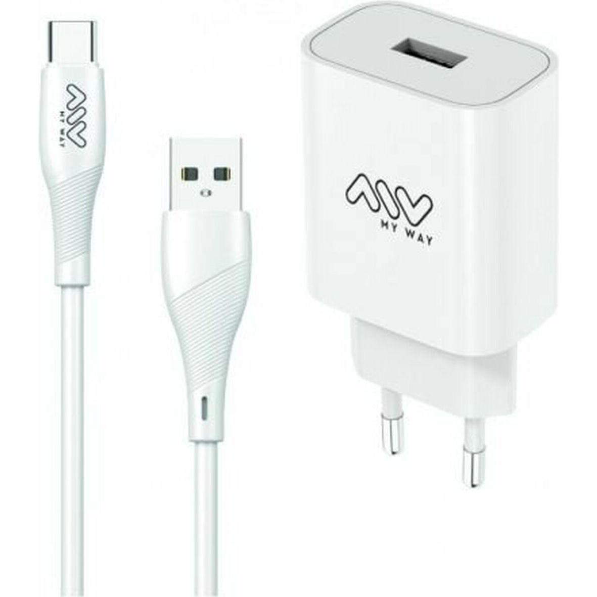 My Way Myway Pack Chargeur Secteur 2a + Cavo USB C 1m Blanc (12 W), Caricatore USB, Bianco