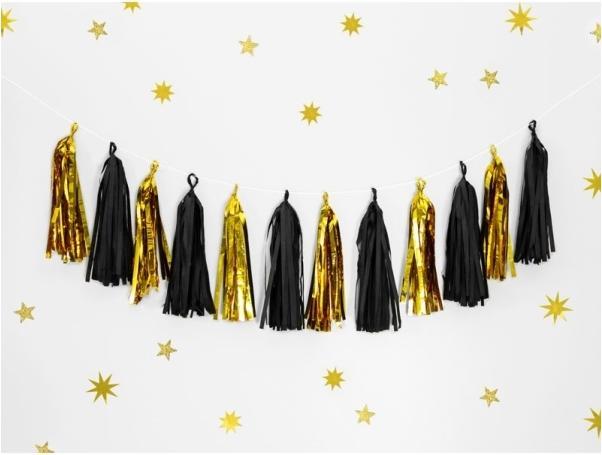 Produktbild Partydeco Girlande Pompons Schwarz und Gold (1 Stück)