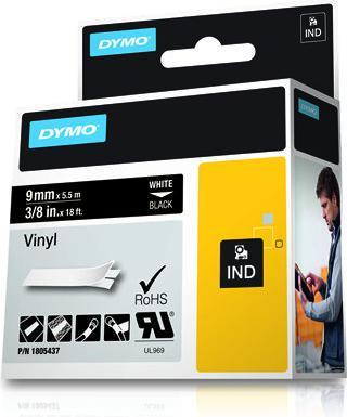 Produktbild Dymo Rhino 9mm weiß auf schwarz Vinyl (0.90 cm, Schwarz)