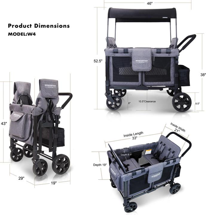 Productafbeelding WonderFold Kinderwagen Original Quad Wagon Houtskool Grijs