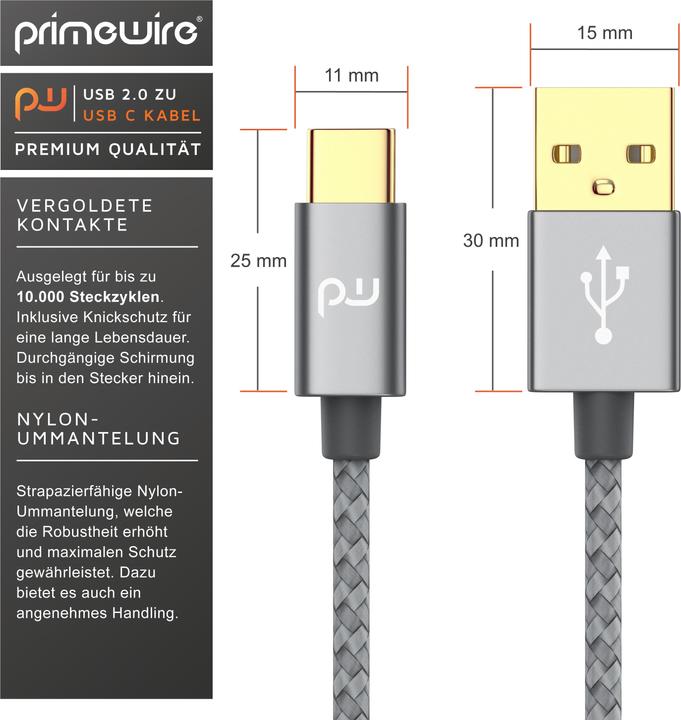 Produktbild Primewire USB-C 3.1 Kabel - Typ C zu Typ A Datenkabel, Ladekabel - Nylonmantel - bidirektional - Geschirmt (2 m, USB 3.1)