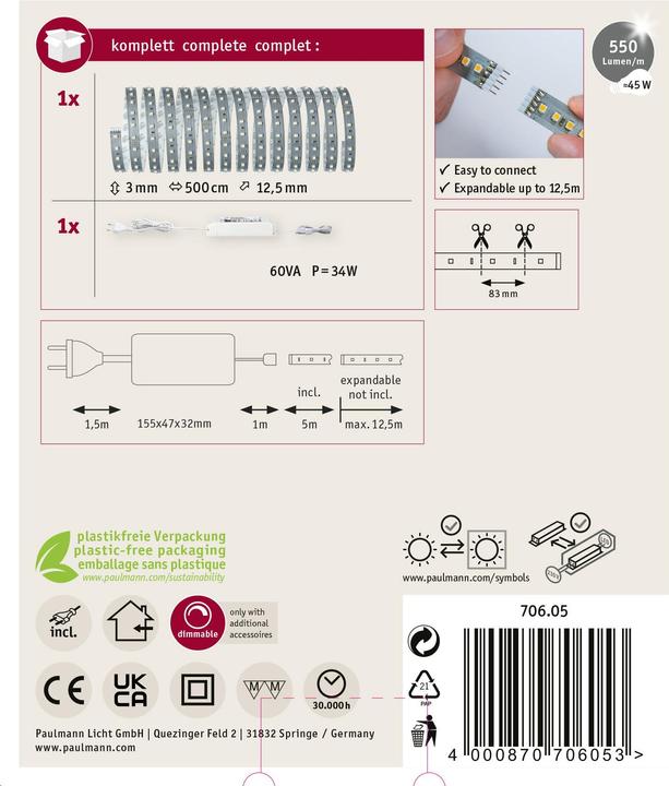 Image du produit Paulmann Kit MaxLED 500 Stripe (Lumière du jour, 500 cm, Intérieur)