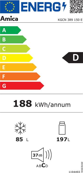 Energy Label Amica KGCN 389 150 E Ed Combi fridge D 197/85L 192x54x58.6cm TotalNoFrost (282 l)