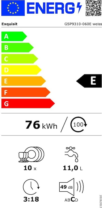 Label énergétique Exquisit GSP9310-060E blanc, Lave-vaisselle (pose libre)