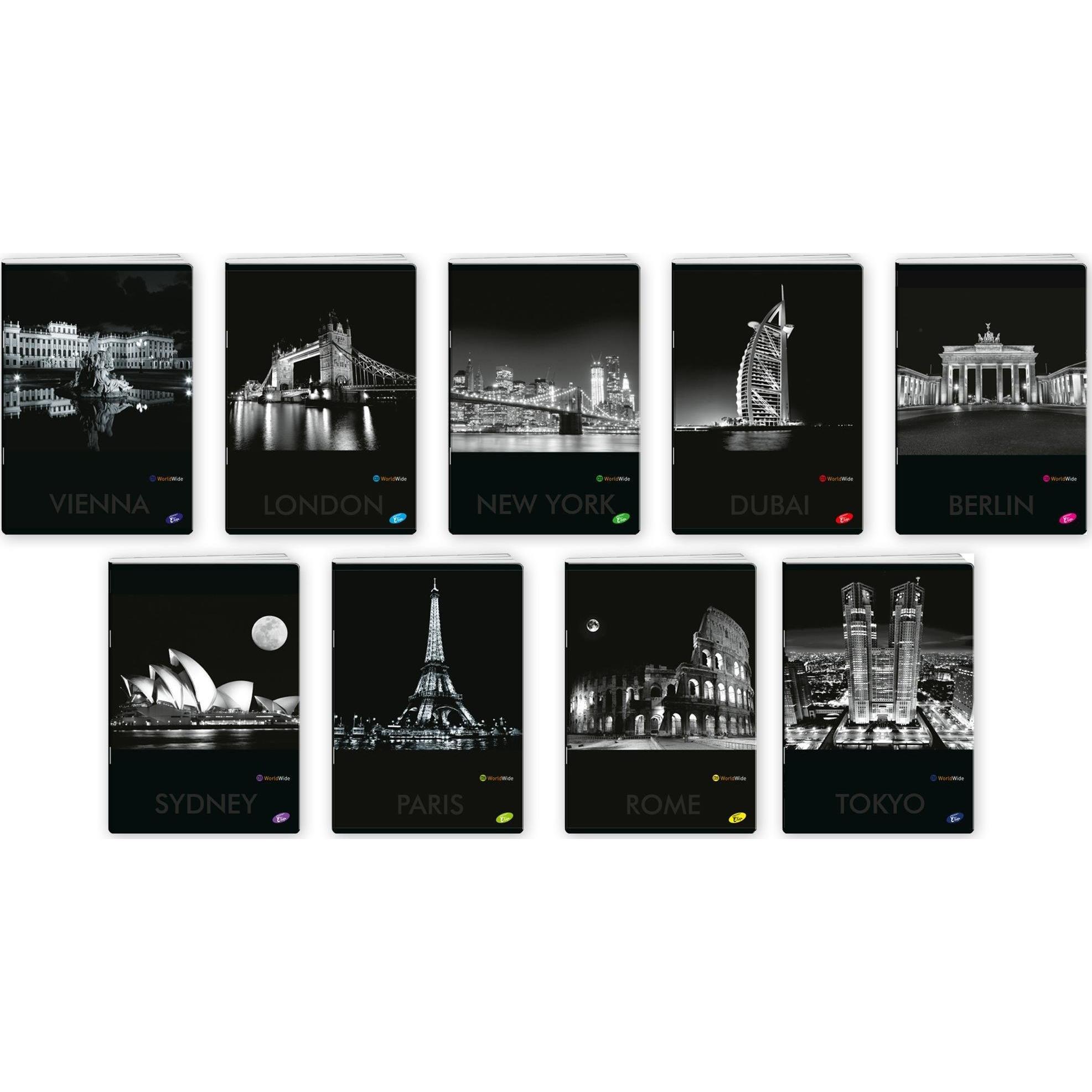Elisa, Heft + Block, Notizbuch A4/80K Raster CITIES BY NIGHT MIX (10 Stück) (A4, Kariert)