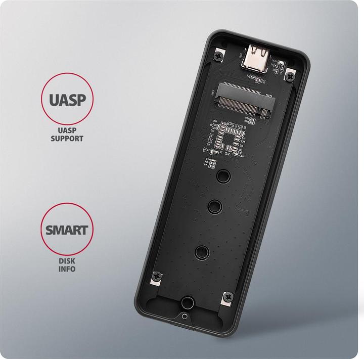 Actual product image Axagon EEM2-20G NVMe SSD enclosure, USB-C 3.2, 20 Gbps, 2230 - 2280 - black (M.2 2280, M.2 2230, M.2 2260, M.2 2242)