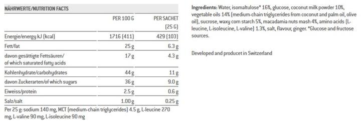 Valori nutrizionali e ingredienti Sponser Energia liquida Ultra (Cocco, Noce macadamia, 40 pz., 1000 g)