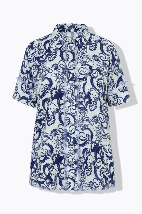 Immagine prodotto Ulla Popken Musselinbluse, Blätter, Oversized, Halbarm, Fransensaum (58)