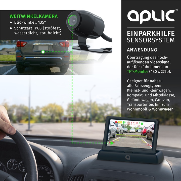 Image du produit Aplic Caméra de recul, aide au stationnement avec 4x capteurs de stationnement, caméra & écran 4,3" avec