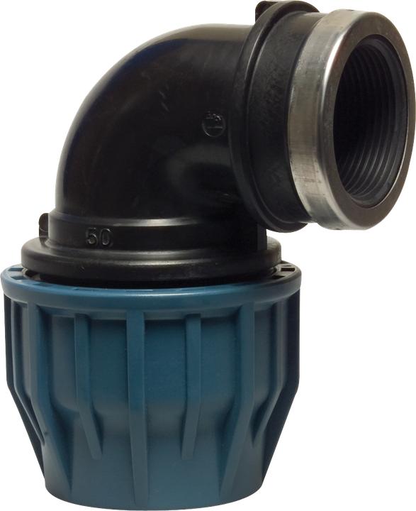 Jason Winkel 90° PP 50 mm x 2" Klemm x Innengewinde 16bar Schwarz/Blau DVGW/KIWA/WRAS/SVGW