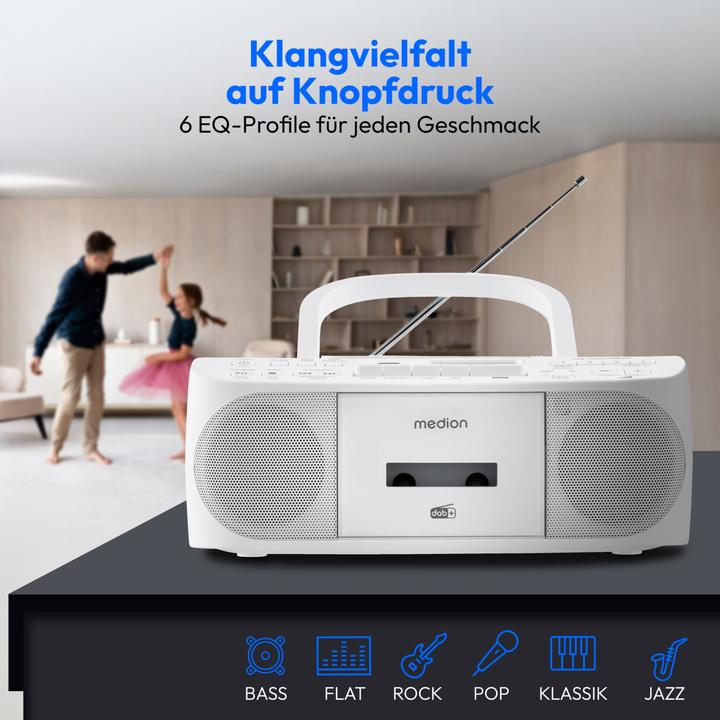 Actual product image Medion LIFE DRX-1 Plus Boombox weiss Radiorekorder mit CD-Spieler und Kassettendeck (DAB+, FM, PLL, Bluetooth)