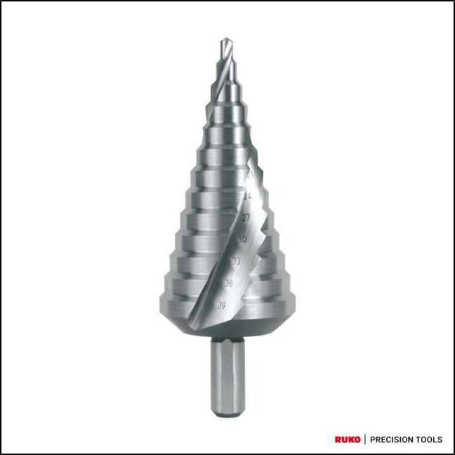 Actual product image Ruko Step drill Drilling range 4 - 39 mm HSS-Co5 spiral fluted Number of flutes 2 Number of steps 12 (4 - 39 mm)