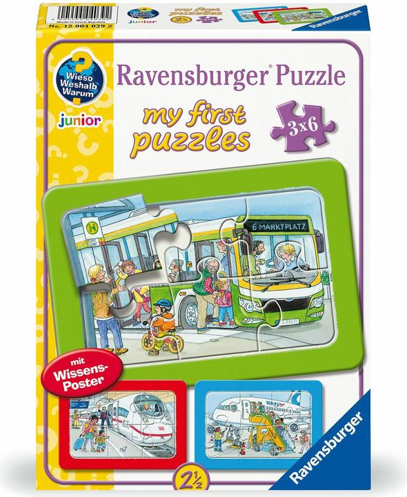 Productafbeelding Ravensburger Kinderpuzzel - 12004039 Reizen met bus, trein en vliegtuig - mijn eerste puzzel met 3x6 (18 onderdelen)
