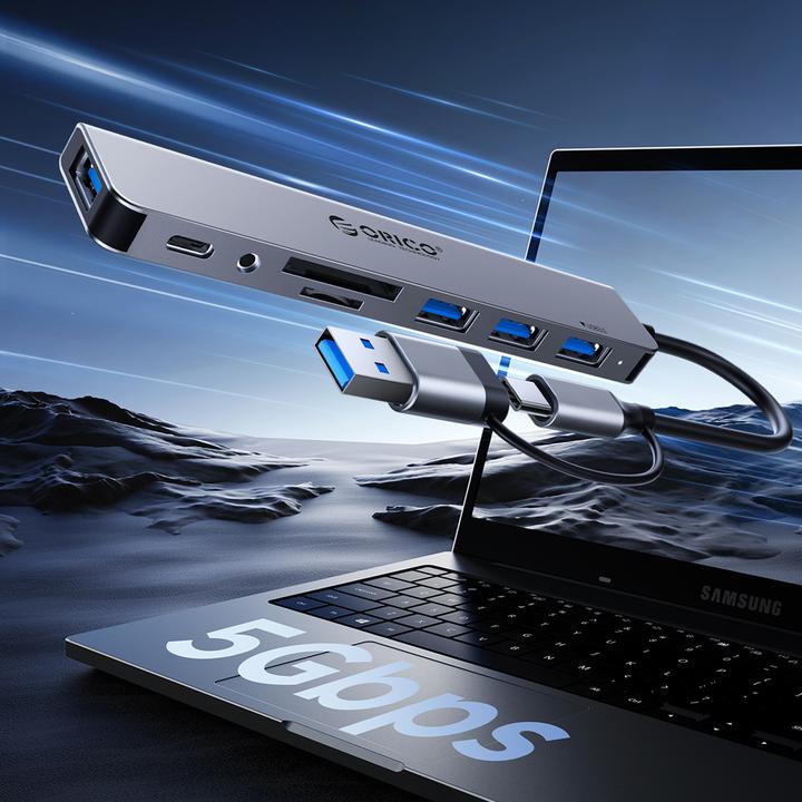 Produktbild Orico USB / USB-C Hub YSA7-U3, 1 x USB-A 3.0 - 4 x USB-A - 2 x USB-C (USB-A, 7 Ports)