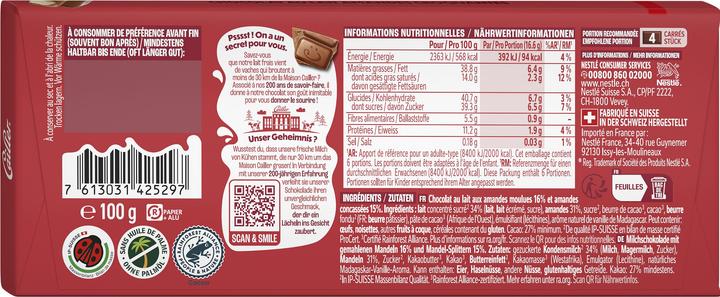 Nutritional values and ingredients Cailler Milk Chocolate Bar with Almonds (100 g)
