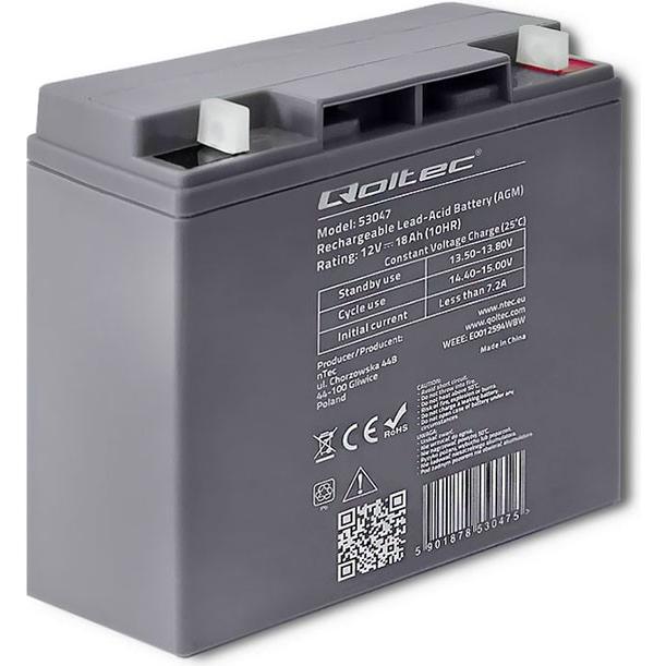 Qoltec, Werkzeugakku + Ladegerät, 53047 - Batterie/Akku - 18 Ah - 12 V - Grau - 270 A - 17,7 cm (12 V)
