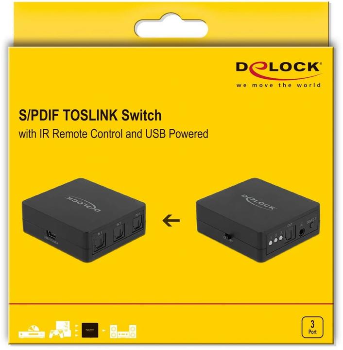 Produktbild Delock S/PDIF TOSLINK Switch 7,60cm (3") 1 Out mit IR-Fernbedienung und USB Stromversorgung