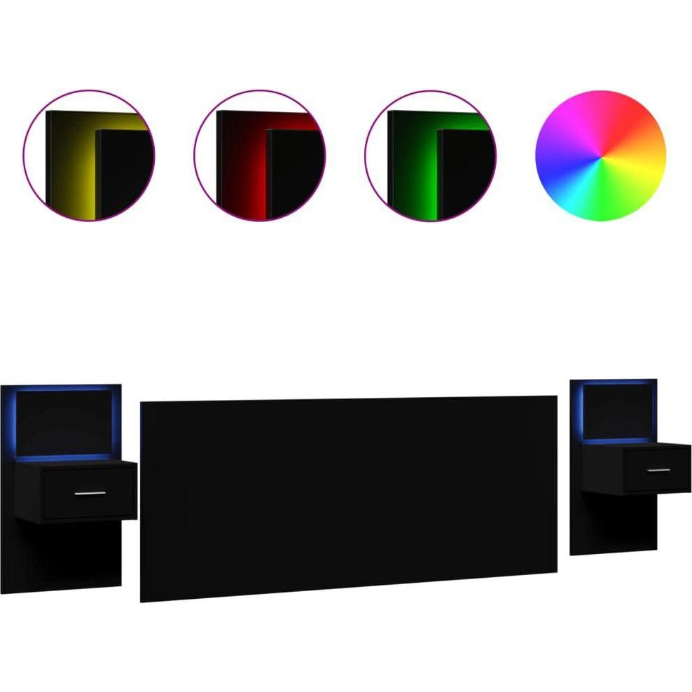 VidaXL, Bett Zubehör, Wand Kopfteil Bettkopfteil Betthaupt mit LED-Nachttischen Schwarz 200cm