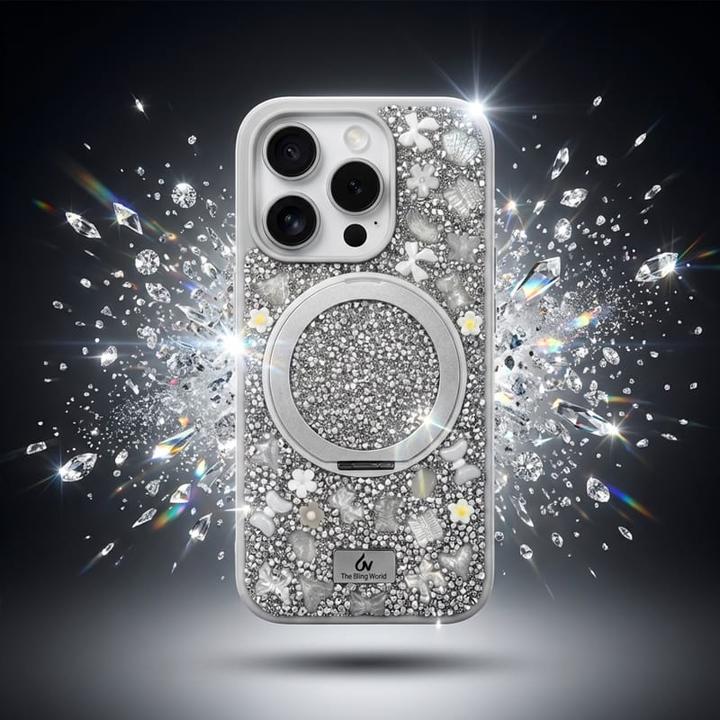 Image du produit Bling World iPhone 14 Pro Max - TheBlingWorld Glitter MagSafe Case mit Ring-Ständer & Strass-Steinen, Silber (Apple iPhone 14 Pro Max)