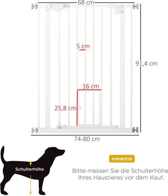 Produktbild Swisshandel24 Türgitter mit Katzenklappe, Montage ohne Bohren, variable Breite 74-80 cm, einhändiges Öffnen, Metal (74 cm)